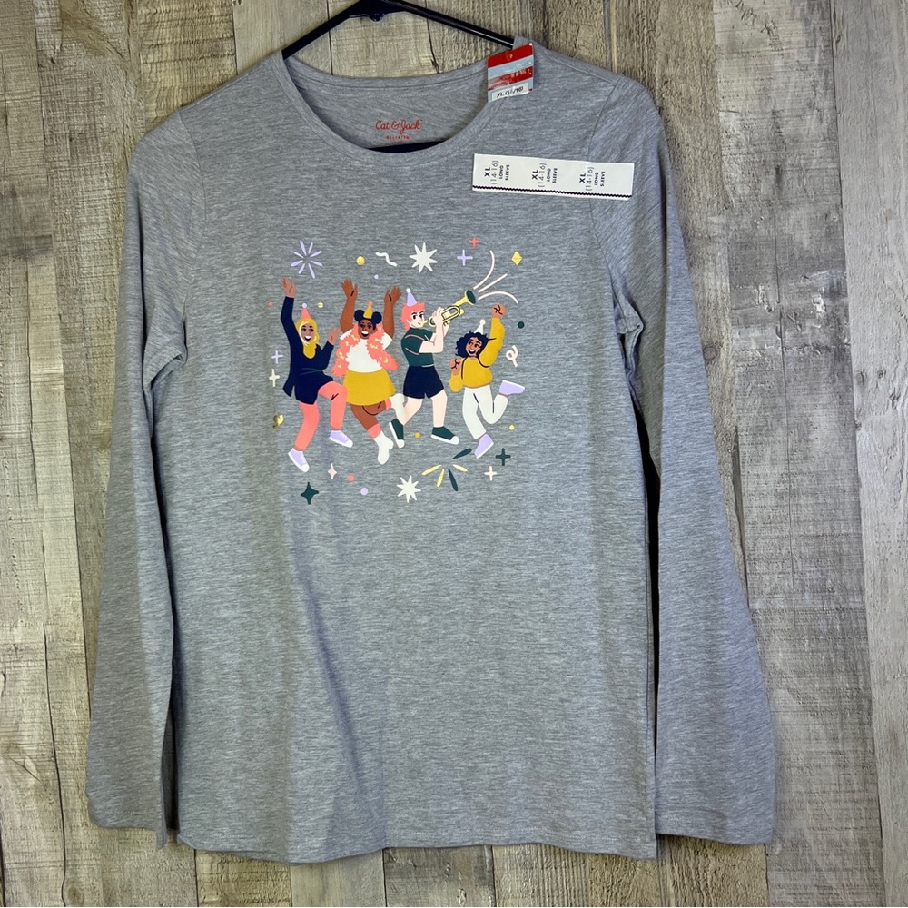Cat & Jack Size XL (14-16) Girls Long Sleeve Crewneck Gray T-Shirt Happy…